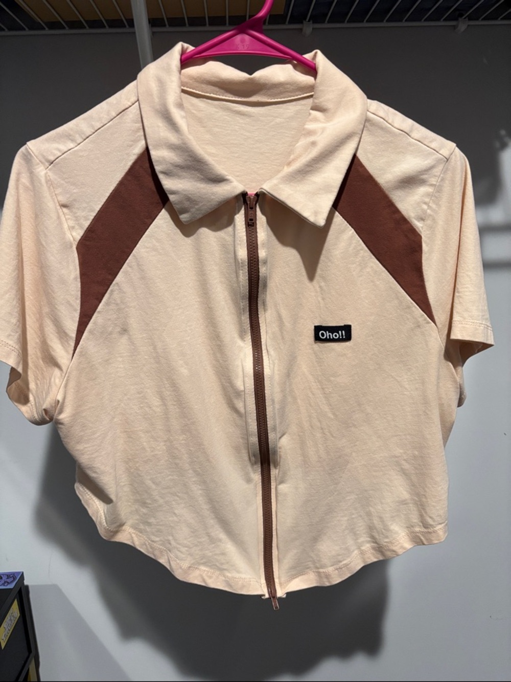 Women's Cream Zip-Front Polo Top with Brown Accents
